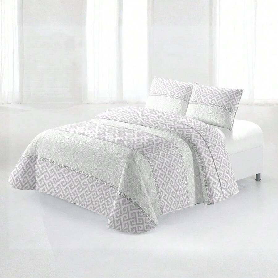Juego De Colcha Boutí Estampada De 2/3 Piezas -Incluye Colcha Boutí Y Funda De Almohada- 10 Estampados Diferentes -Floral, Geométrico, Damascos...- 5 Medidas Diferentes: Cama de 90cm, 105cm, 135cm, 150cm y 180cm - Geométrico gris claro - Ver 1