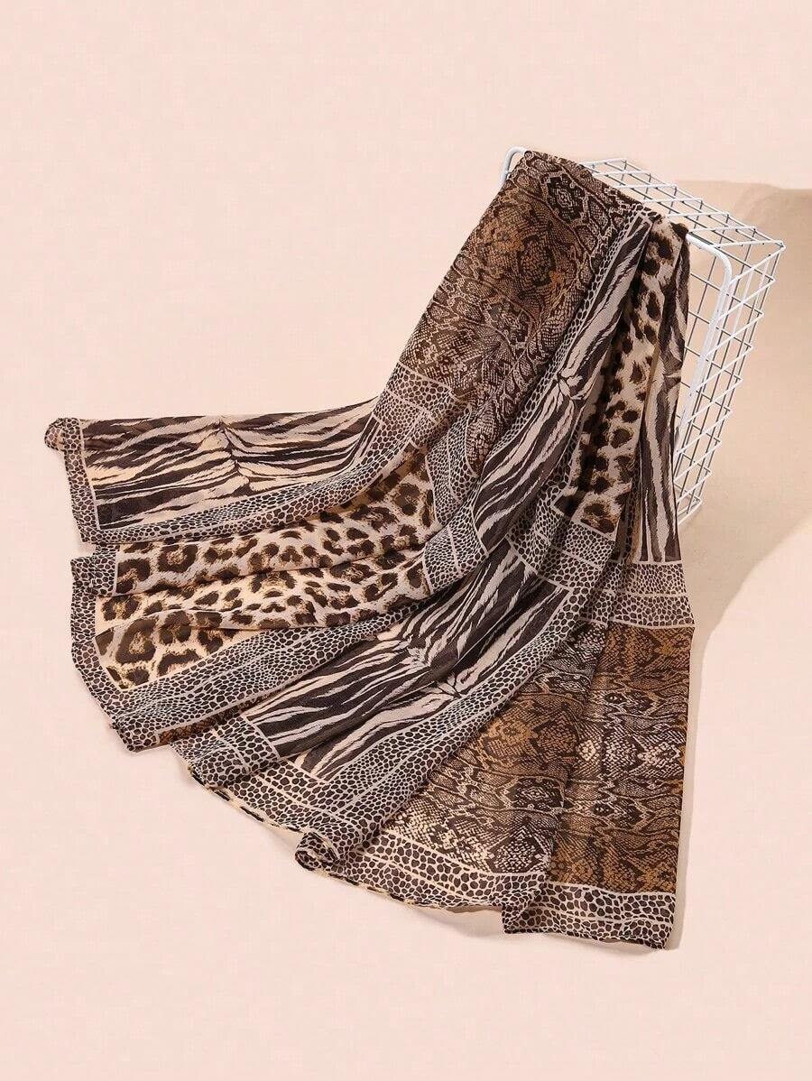 1 pieza Bufanda de mujer de gasa con estampado de leopardo estilo bohemio, adecuada para accesorios de uso diario - Multicolor - Ver 1