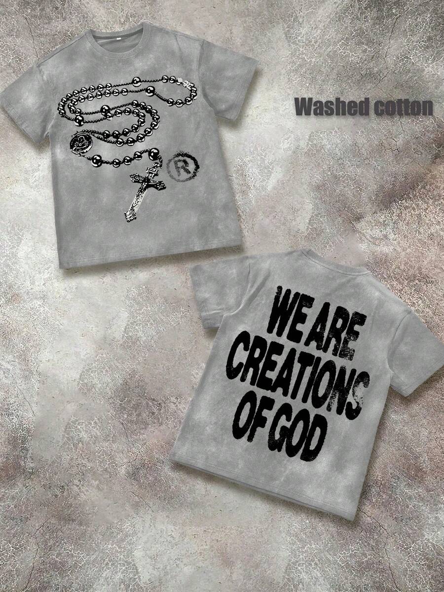 Y2K High - Street Religious - Themed Tee With 'We Are Creations Of God' Slogan Printed T-Shirts, Cotton T Shirt Unisex T-Shirts, Casual And Comfortable To Wear Men's T - Shirt Ideal For Both Casual Outings And Home Relaxation Funny T Shirts - 水洗灰 - 查看 1