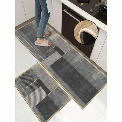 3.5毫米厚软橡胶亚麻厨房地垫，现代几何抽象风格厨房吸水地毯，包边设计防止起球，吸水易清洁，亚麻表面，海绵中间层，橡胶底，适用于厨房地毯、厨房装饰、婚礼装饰、家居装饰、浴室地垫、玄关地垫、洗衣房地垫、走廊地毯、客厅地垫等。
