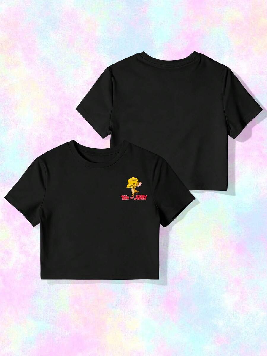 SHEIN X Tom & Jerry Women's Short Round Neck Printed Blouse - Cute & Fashionable, Suitable For Daily Wear - Black - View 1
