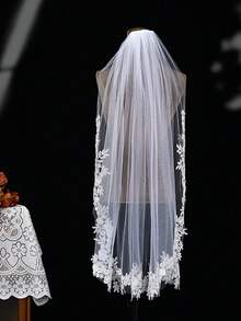 1pc 1 Meter Long Lace Applique Bridal Veil, Single Layer, With Metal Hair Comb, Elegant Minimalist, Suitable For Women's Wedding Dress Accessory Valentine's Day Accessories - 白色 - 查看 10
