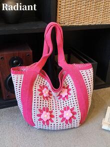 Summer New Casual Fashion Straw Tote Bag, Large Capacity Shoulder Bag For Women - Pink - View 9