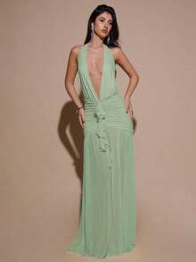Valentine Outfits For WomenBAE Sexy Minimalist Solid Yellow Cream Deep V-Neck Halter Bodycon Ruched Fitted Women's Maxi Mesh Dress, Suitable For Party, Cocktail, Formal Occasions, Bridesmaid, Birthday, Business Casual, Elegant Women Maxi Dress,Valentine's Day,Valentine Fits For WomenLoose And Comfortablevalentine's Day - 薄荷綠 - 查看 5
