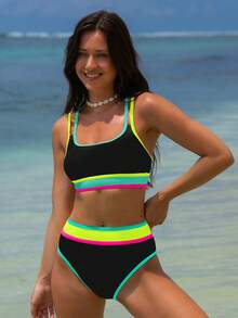 popvil Conjunto de sujetador deportivo y bikini de bloques de color, vacaciones de verano - Negro - Ver 6