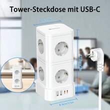 HITRENDS [ Charging Wonder ] 12-In-1 Tower Socket 8AC+2USB-C+2USB-A Fast Charging 3680W High Power 2-Meter Extension Cable Overload Protection Suitable For Office/Home/Kitchen - EU E Type Plug(220-240V) - View 4