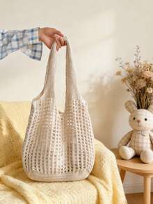 Lightweight Casual Women's Minimalist Large Capacity Hollow Knitted Tote Bag, Crochet Woven Bag, Beach Bag, Travel Essential, Extra Large Capacity Handbag, White Shoulder Bag, Women's Bag, Large Capacity Tote, Travel Backpack, Travel Essential, Suitable For Spring Outfits, Valentine's Day/Mother's Day Gift - Beige - View 1