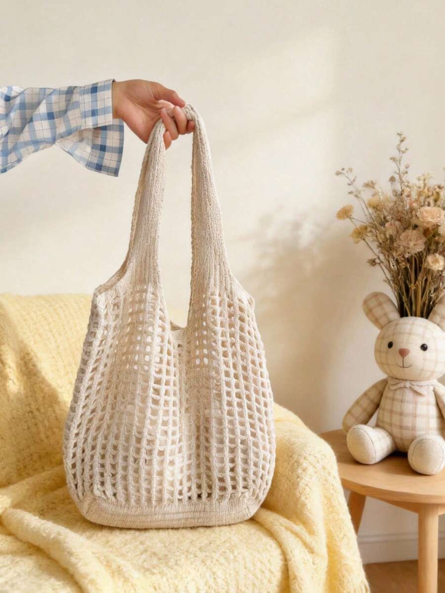 Lightweight Casual Women's Minimalist Large Capacity Hollow Knitted Tote Bag, Crochet Woven Bag, Beach Bag, Travel Essential, Extra Large Capacity Handbag, White Shoulder Bag, Women's Bag, Large Capacity Tote, Travel Backpack, Travel Essential, Suitable For Spring Outfits, Valentine's Day/Mother's Day Gift - Beige - View 1