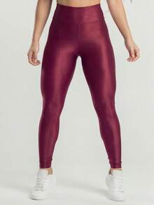 Women's Ribbed High-Waisted Fitness Leggings With A Shimmering Finish, Perfect For Premium Workouts. - Merah tua - View 4