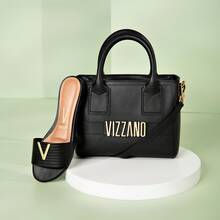 Vizzano Slide Sandal With Textured Strap And Metallic Logo Detail - Black Lezard - View 3