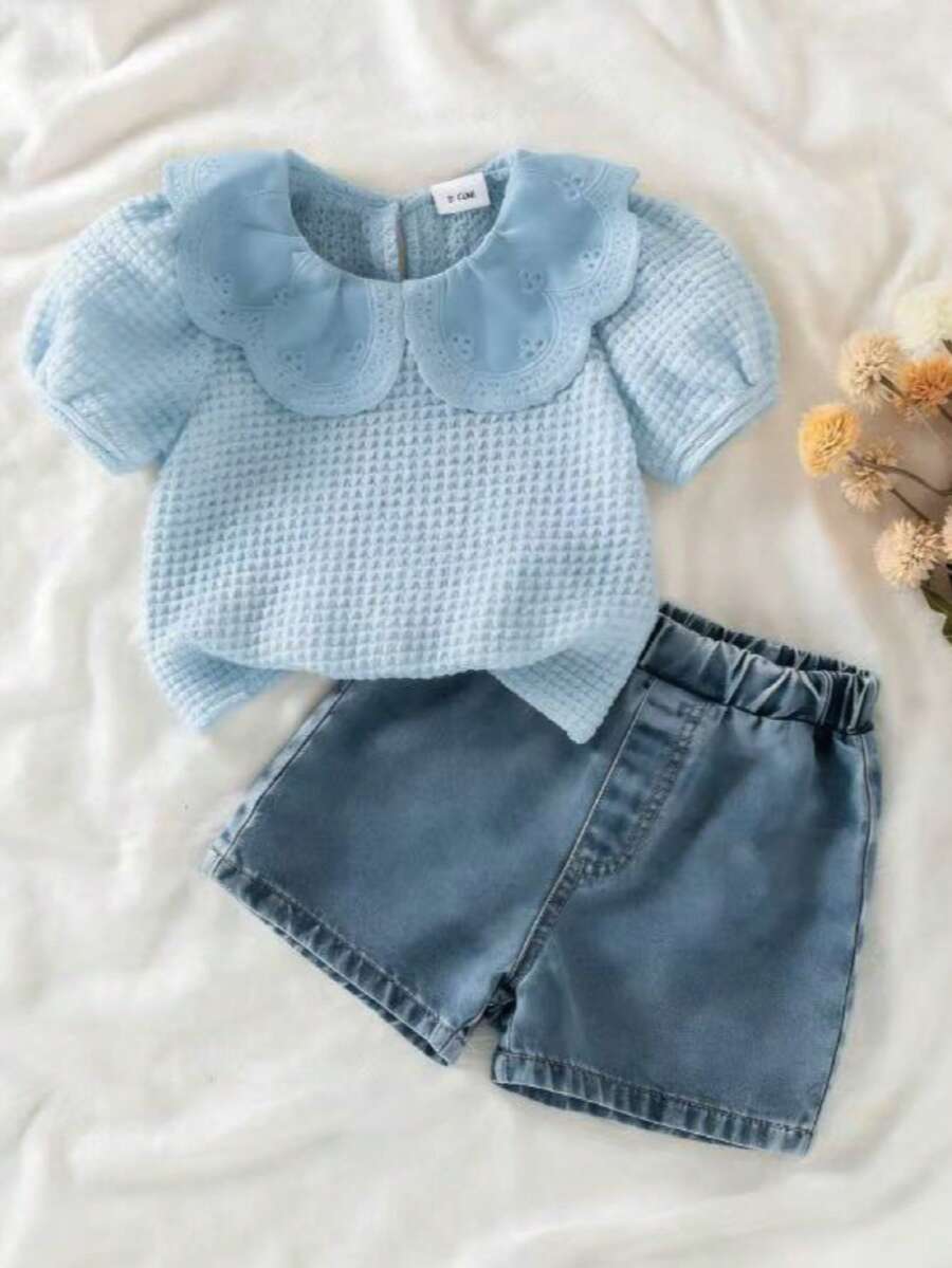 2pcs Baby Girls Floral Ruffle Collar Puff Sleeve T-Shirt And Denim Shorts Casual Versatile Outfit, Suitable For Daily Wear And Vacation - Dusty Blue - View 1