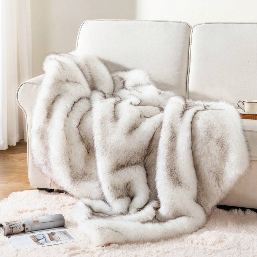 Luxury White Fur Throw Blanket For Couch,Thick Warm Faux Fur Blanket With Black Tip, Fuzzy Fluffy Cozy Sofa Blanket - 白色 - 查看 1