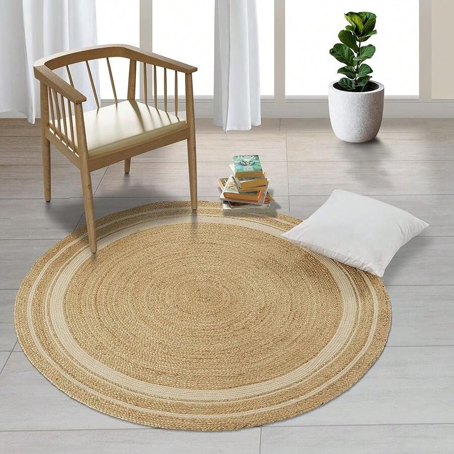 Jute Cotton Area Rug 4ft Round Natural Fiber Handmade Boho Farmhouse Jute Area Rug Soft Braided Rustic Vintage Reversible Rug- Indoor Kitchen Bedroom Living Room Hallways Enterway 4ft Circle - Natural-14 - View 1