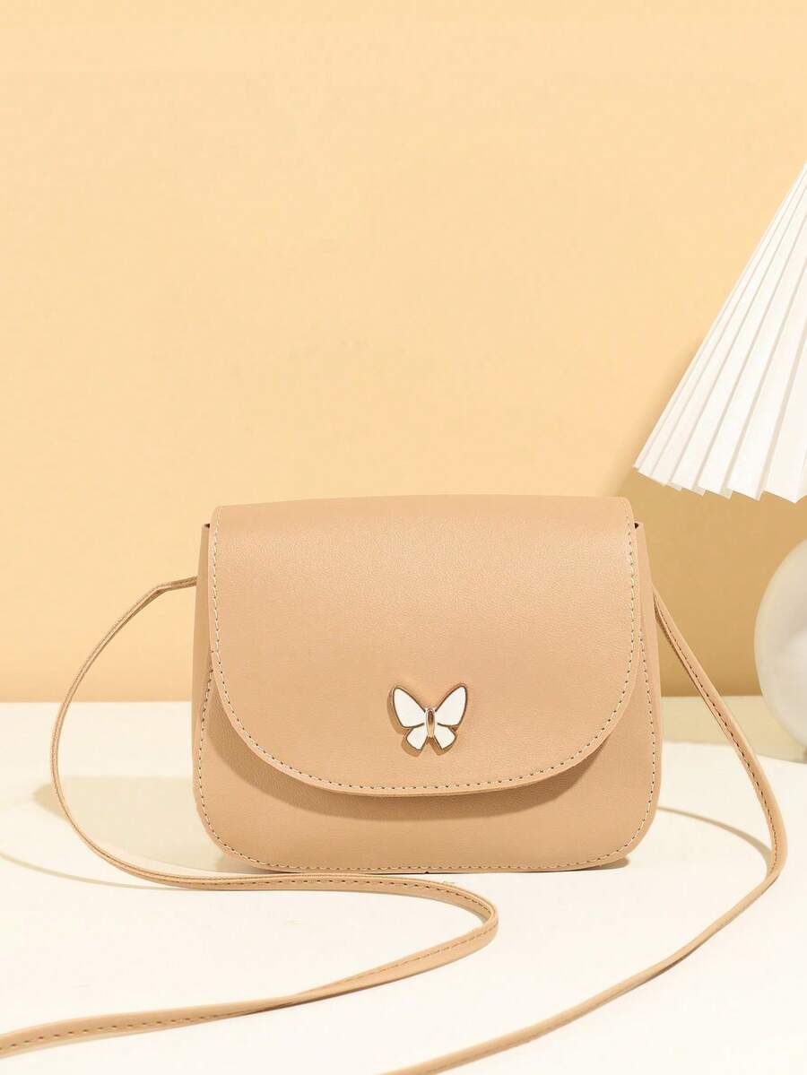 Mini Butterfly Print Decor Metal Crossbody Shell Bag - Khaki - View 1