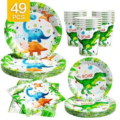Watercolor Cute Dinosaur Disposable Plate, Napkin, Cup Set, Plates, Napkins And Cups Party Supplies, Serves 8 Guests, Disposable Paper Plates Party Tableware Suitable For Birthday, Wedding, Theme Party, Family Picnic