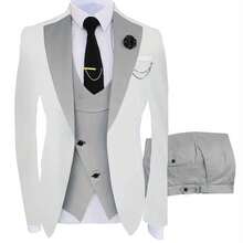 A Three-Piece Suit For Groomsmen, Featuring A Slim Fit Tuxedo Ideal For Wedding Dances, Includes A Stylish Jacket, Trousers, Vest, Tie, Tie Clip, Handkerchief, Two Cufflinks, A Boutonniere, And A Brooch For Formal Occasions - Silvery Grey - 查看 1