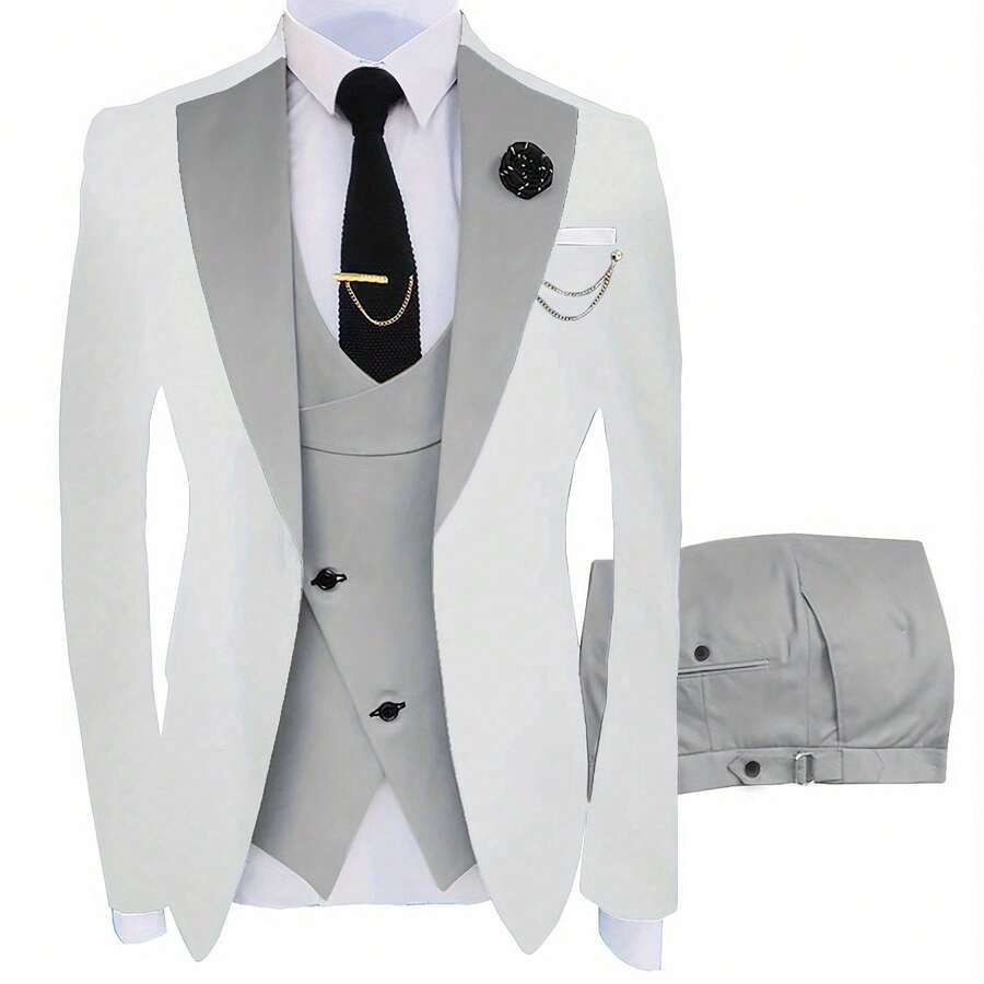 A Three-Piece Suit For Groomsmen, Featuring A Slim Fit Tuxedo Ideal For Wedding Dances, Includes A Stylish Jacket, Trousers, Vest, Tie, Tie Clip, Handkerchief, Two Cufflinks, A Boutonniere, And A Brooch For Formal Occasions - Silvery Grey - 查看 1