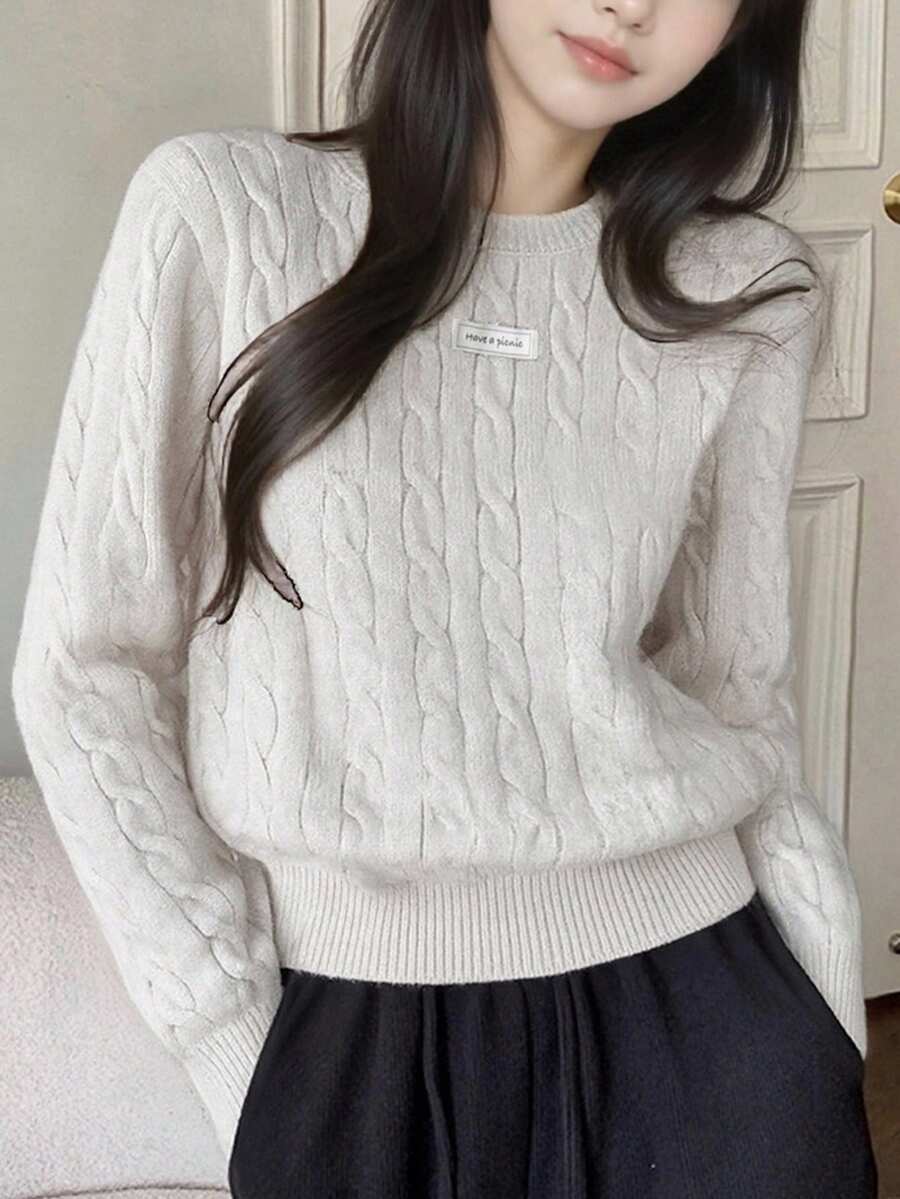 Women's Minimalist Twist Knit Crew Neck Sweater, Autumn/Winter - Beige - View 1