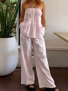 Women's Pink 2 Pieces Set, Including Ruffle Camisole Top And High Waist Wide Leg Pants, Suitable For Beach Vacation - Pink - View 4