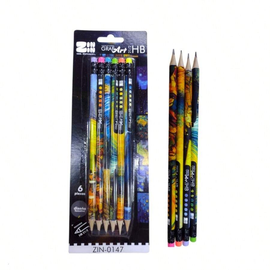 6 lápices HB, adecuados para escuela y oficina, con goma de borrar, suministros de papelería. Lápiz HB con goma de borrar, adecuado para escuela, arte, oficina, dibujo, esbozo y estudio. - D - Ver 1