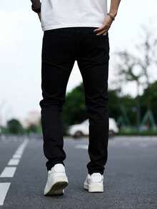 Men's Slim Fit Jeans, Black Skinny Stretch Tapered Leg Style, Minimalist All-Match Versatile Design, Neat Casual Street Wear - Black - View 2