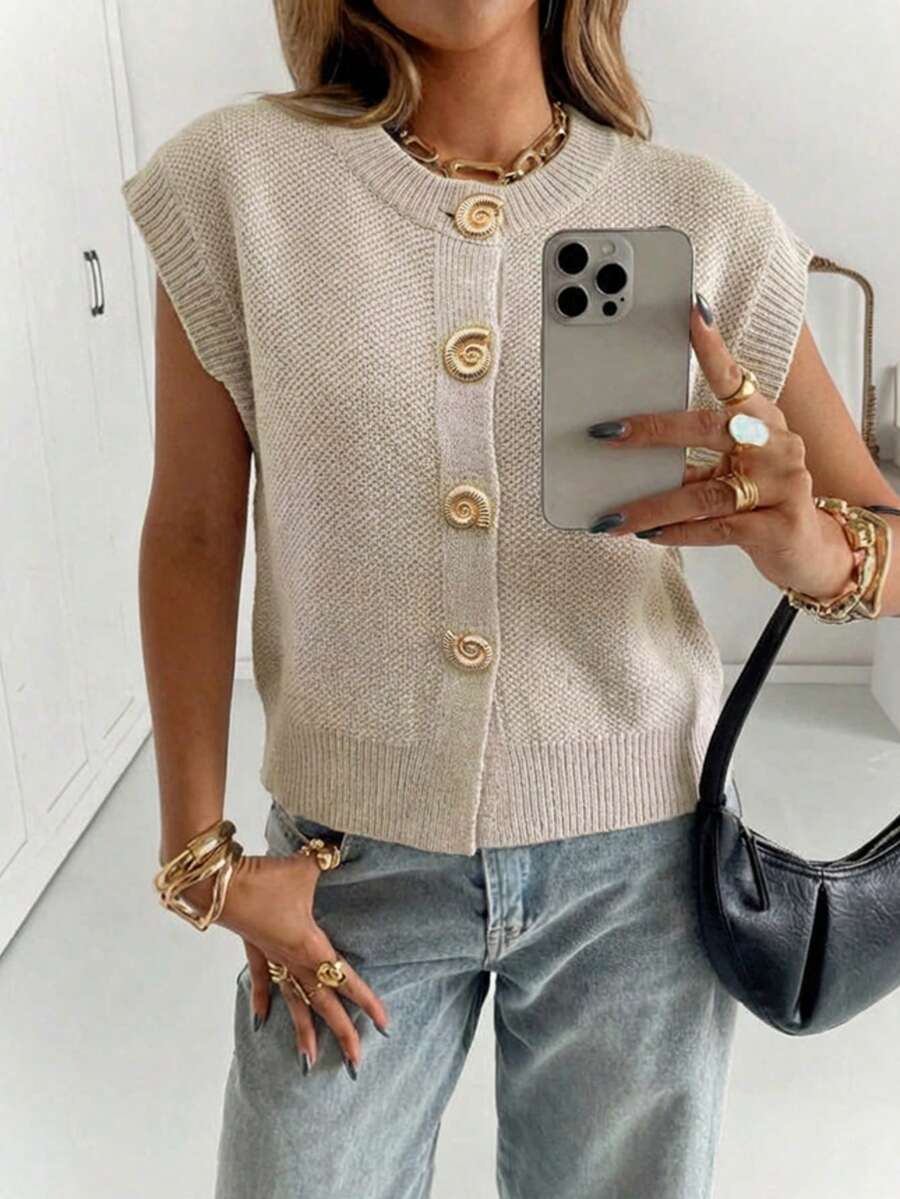 Chaqueta de punto con botones de metal de estilo casual y urbano para mujer, con cuello redondo y mangas tipo murciélago, nueva moda para primavera/verano/otoño - Camel - Ver 1