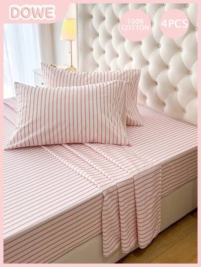 4pcs 100% Cotton Bedding Set, Easy Care, Soft & Skin-Friendly, Includes 1 Bed Sheet, 1 Fitted Sheet, 2 Pillow Cases, Breathable, Comfortable Sleep, Minimalist Style, Great Gift For Parents And Friends