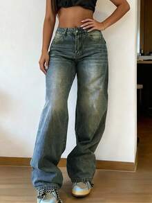 Women's Vintage Loose Stacked Straight Leg Jeans Casual Spring - Navy Blue - View 3