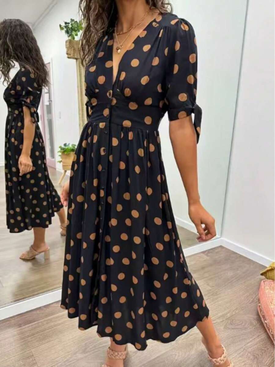 Women's V-Neck Polka Dot Print Waist Cinched Elegant Dress - Black - View 1