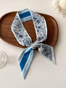 1pc Flower Printed Satin Skinny Scarf For Women, Stylish Hairband Or Bag Decoration Head Neck Tie Bandana,Hair Band,Head Band Ideal For Dressing Up Your Look Christmas - 彩色 - 查看 4