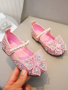 Baby Girl Bow Rhinestone Pearl Flat Shoes Infant Princess Daily Wear Shoes - Pink - View 1
