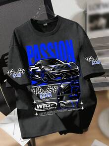 男童激情跑车图案超大号T恤 - 赛车旗帜印花 Y2K 街头休闲返校滑板休闲上衣 - 深灰色 - 查看 1