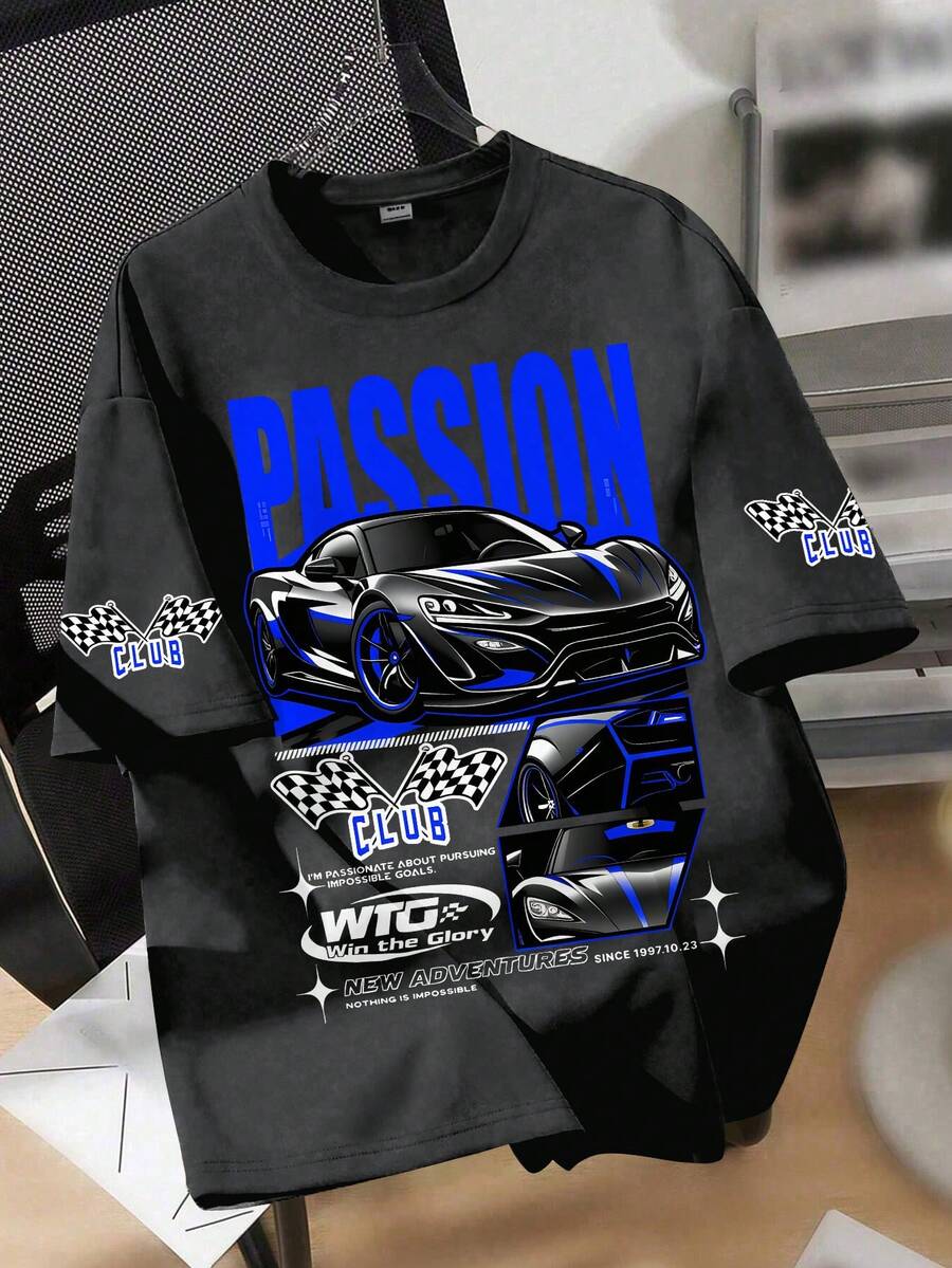 男童激情跑车图案超大号T恤 - 赛车旗帜印花 Y2K 街头休闲返校滑板休闲上衣 - 深灰色 - 查看 1