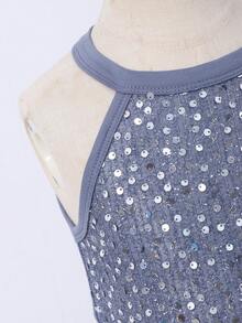 Girls' Elegant Solid Color Sequin Mesh Dress, Spring/Summer - Navy Blue - View 4