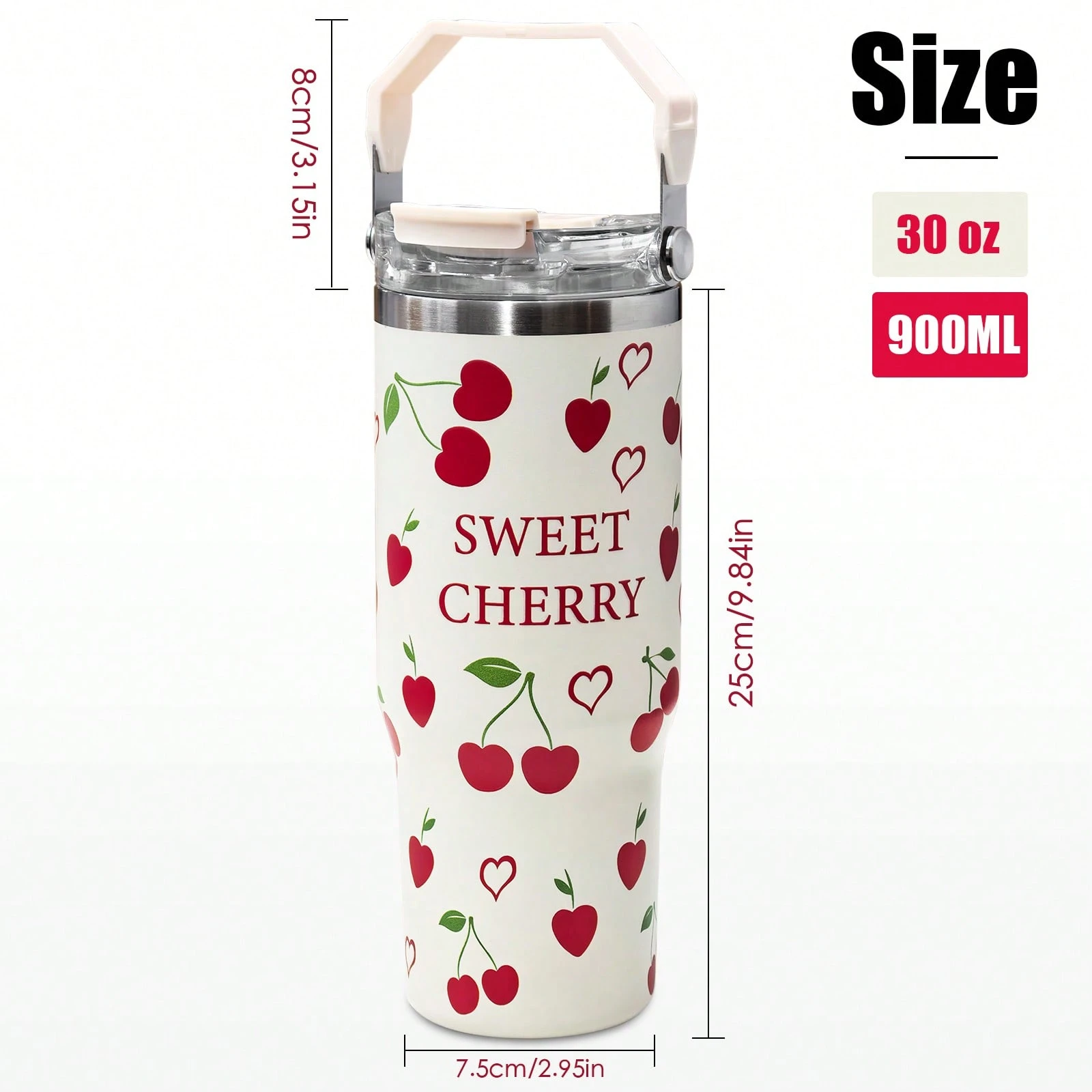 30Oz Stainless Steel Cup With Handle And Straw, Cherry Pattern, Suitable For