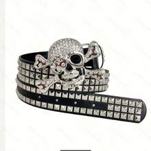 1 Men's Belt 2025 New Rhinestone Skull Pyramid Punk Belt Detachable Gothic Y2K Waist Chain Hip-Hop Streetwear Cool Girl Dark Style Ootd, Black/Silver Unisex Valentine's Day/Labor Day/Halloween/Christmas Gift - 黑色 - 查看 4