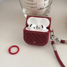 Minimalist Leather Red Rhombus Lanyard Protective Case Compatible With Apple Pro 3rd Gen, 2 Wireless Bluetooth Soft Full Cover Case For Women - Red - View 2