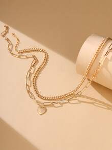 2pcs Copper Fashionable European & American Style Heart-Shaped Plaid Chain Layered Necklace Set, Suitable For Beach & Holiday Accessories - Yellow Gold - View 4
