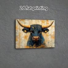 [2D Flat] 1pc Rustic Wooden Framed Canvas Wall Art - Black Bull Ox Abstract Painting, 11.8x15.7 Inch, Weathered Blue & Golden Hues, Perfect For Bedroom, Kitchen, Office, Bar, Farmhouse, Living Room Decor, Office Decoration |   Weathered Finish |   Durable Canvas, Wall Decor - Nhiều màu - Xem 4