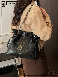 1pc Quilted Shoulder Bag, Fashion Rhombus Pattern Women's Handbag With Metal Pendant Chain Strap, Crossbody Bucket Bag - Black - View 2