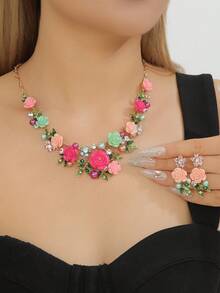 Elegant Pink & Purple Acrylic Flower, Leaf, Rhinestone & Pearl Necklace Earrings Set, Charming Choker Necklace For Party, Wedding, Holiday Wear - Flowers - View 10