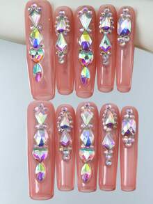 CrystalHola Valentine's Day : 10 Handmade Press-On Nail Stickers, Square Long Nails, Pink Nail Surface With Sparkling Rhinestones, Full Coverage, Removable And Reusable, Long-Lasting , Unique Summer Nail Art, A Must-Have Fashion Accessory For Parties And Weddings. Nail Supplies - Multicolor - View 10