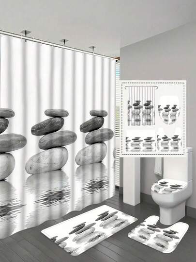 1/4 Pcs Zen Stone Lotus Reflection Spa Shower Curtain Set, Washable Waterproof Polyester Fabric, Bathroom Curtains, Artistic Theme Bathroom Window Curtains, With Grommet Top And Hooks, Bathroom Decor Set Includes Waterproof Shower Curtain, Non-Slip Rug, Toilet Lid Cover, Bath Mat And 12 Plastic Hooks
