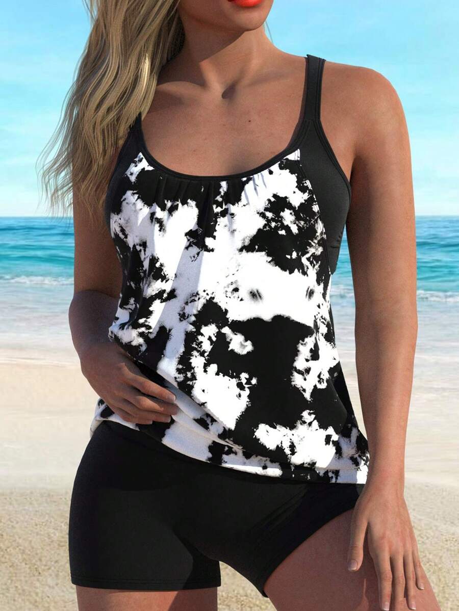 Black & White Tie-Dye Tankini Set - Multicolor - View 1