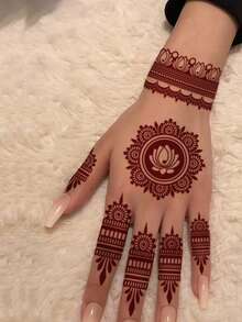 2pcs Floral Design Brown, Red, Burgundy Sexy Toe & Hand Temporary Tattoo Stickers, Suitable For Women, Henna Inspired Flower Print Waterproof Tattoo Stickers, Brown Tattoo Stickers For Body Art, Wedding Party - Red - View 4