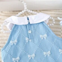Girls' Light Blue Bow Outfit - Sleeveless Blouse With Collar + Bow Shorts, Cute Sweet 2 Pieces Set - Mint Blue - View 5