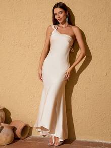 LOVE&LEMONADE 杏色缎面不对称露背系带长款美人鱼伴娘晚礼服 - 杏色 - 查看 3