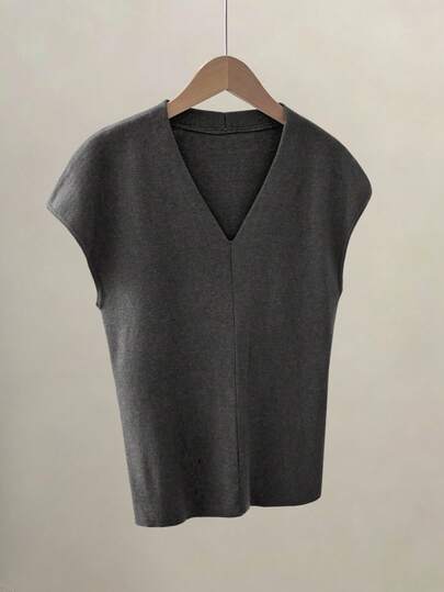 女士新款灰色V领插肩袖罗纹修身短袖上衣，简约时尚休闲舒适百搭通勤上衣，春夏款