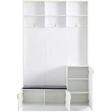 Storage Unit With Sofa And Shoe Rack With 3 Hooks And Multi-Functional Compartments, Hallway Cabinet, White, Dimensions: H200 / W120 / D40 Cm - White - View 4
