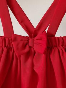 女婴可爱领心形图案泡泡袖荷叶边下摆纽扣衬衫配蝴蝶结肩带A字连衣裙两件套，时尚百搭，适合日常、派对、外出、春夏穿着。 - 彩色 - 查看 7